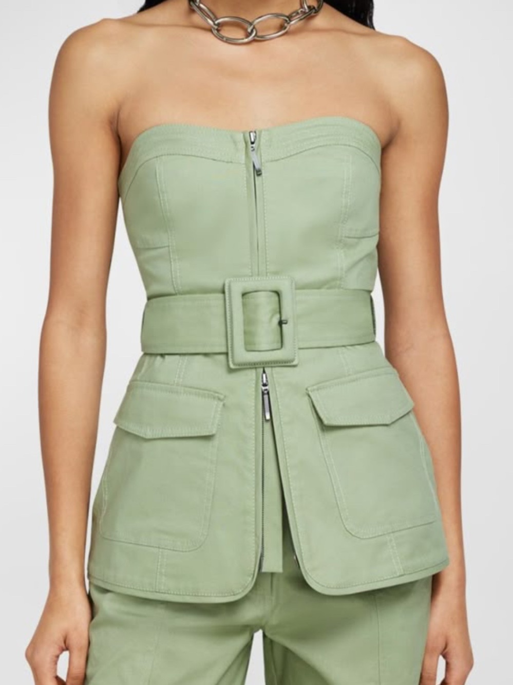 Strapless Belted Cargo Jumpsuit in Sage Green